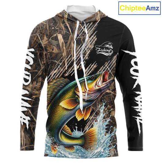 Walleye Fishing Shirts Long Sleeve Hooded Camouflage For Men, Walleye Fishing Apparel NHT434