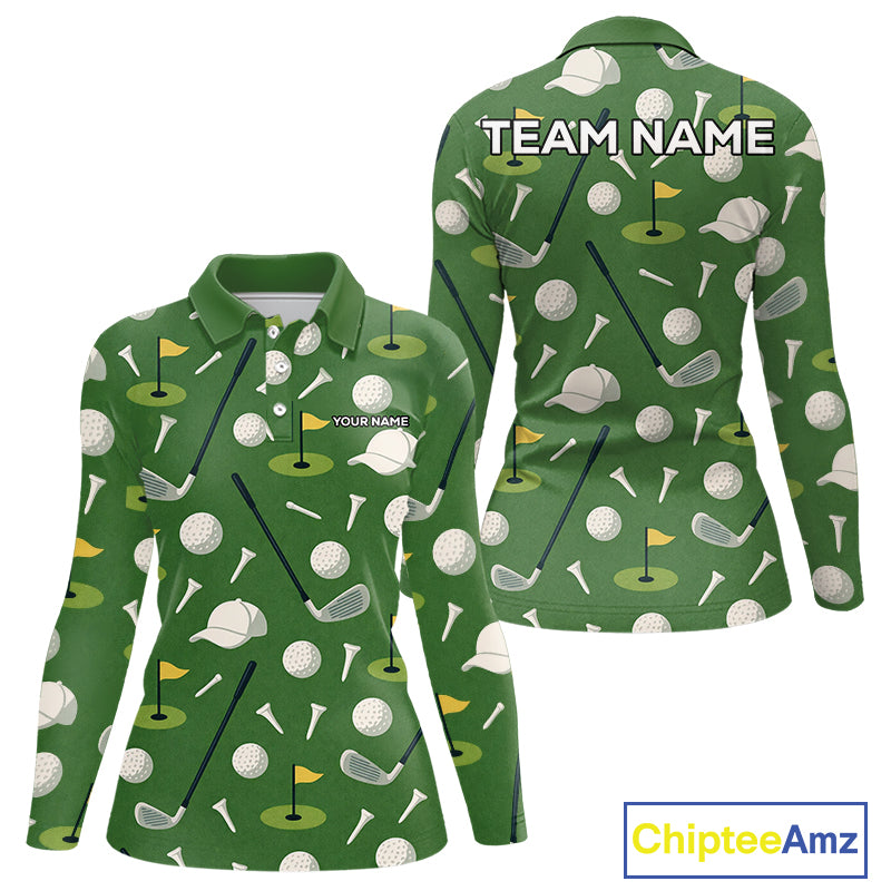 Green Golf Pattern Polo Golf Shirt For Womens Custom Golf Clothes, Best Golf Gifts NHT621