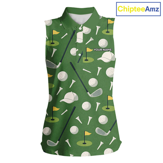 Green Golf Pattern Sleeveless Polo Golf Shirt For Womens Custom Golf Clothes, Best Golf Gifts NHT621