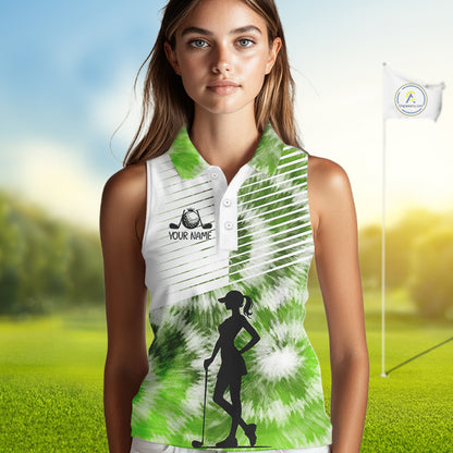 White And Green Womens Tie Dye Sleeveless Golf Polo Shirts Custom Golf Human Golf Team Polo Shirts NHT622