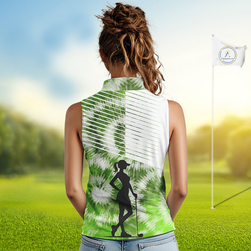 White And Green Womens Tie Dye Sleeveless Golf Polo Shirts Custom Golf Human Golf Team Polo Shirts NHT622