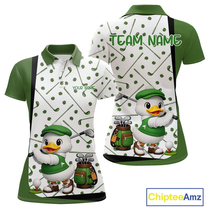 Custom Green & White Funny Duck Golf Shirt For Womens, Golf Jersey Pattern For Womens NHT625