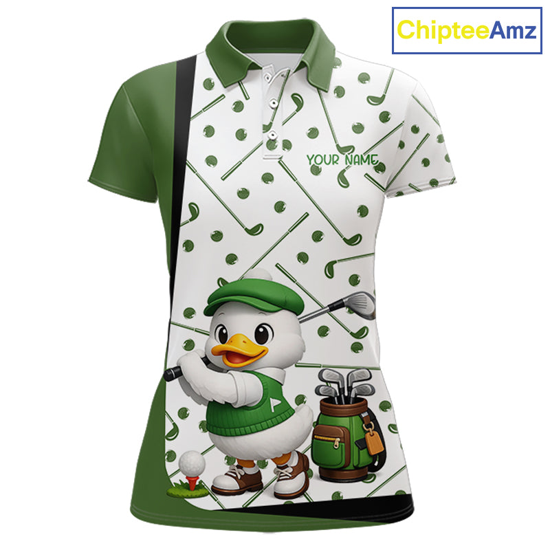 Custom Green & White Funny Duck Golf Shirt For Womens, Golf Jersey Pattern For Womens NHT625