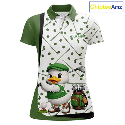 Custom Green & White Funny Duck Golf Shirt For Womens, Golf Jersey Pattern For Womens NHT625