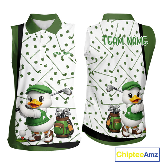 Custom Green & White Funny Duck Sleeveless Golf Shirt For Womens, Golf Jersey Pattern For Ladies NHT625