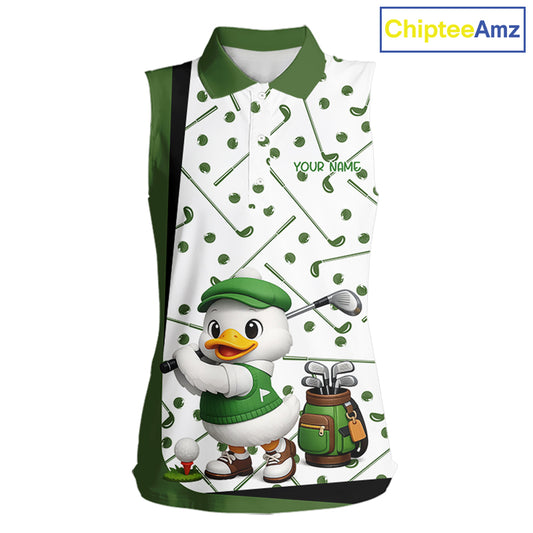 Custom Green & White Funny Duck Sleeveless Golf Shirt For Womens, Golf Jersey Pattern For Ladies NHT625