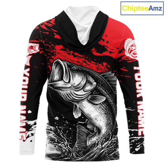Custom Bass Fishing Jersey, Black And Red Bass Long Sleeve With Hood Tournament Fishing Shirts NHT492