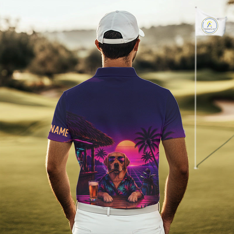Man wearing a purple golf shirt with a dog design on a golf course