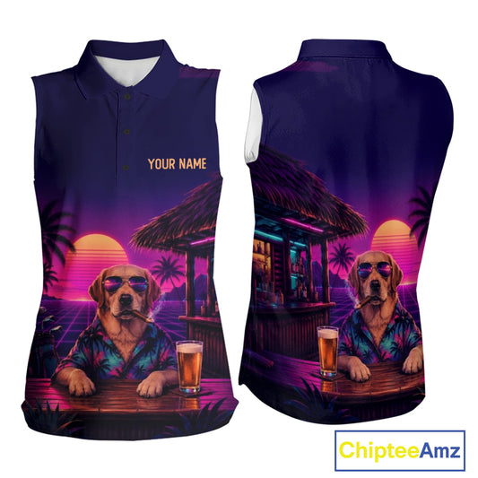 Retro Dog Womens Sleeveless Golf Polo Shirt Personalized Name Summer Beach Beer Golf Shirt Gift For Dog Lover