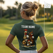 Load image into Gallery viewer, Green polo shirt with embroidered design and text on a blurred indoor background
