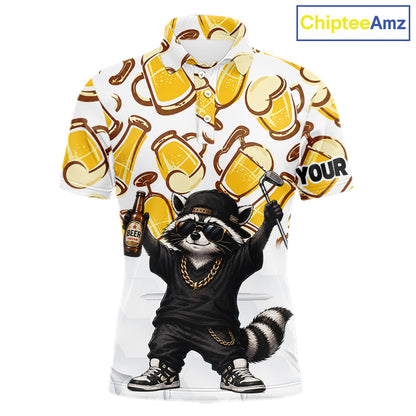 Funny Raccoon Beer Golf Polo Shirt Personalized Name Custom Golf Shirt Golfer Gift For Men