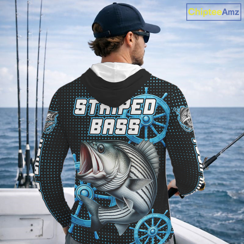Personalized Striped Bass Fishing Jerseys, Hooded Bass Performance Fishing Shirt Custom Name NHT501