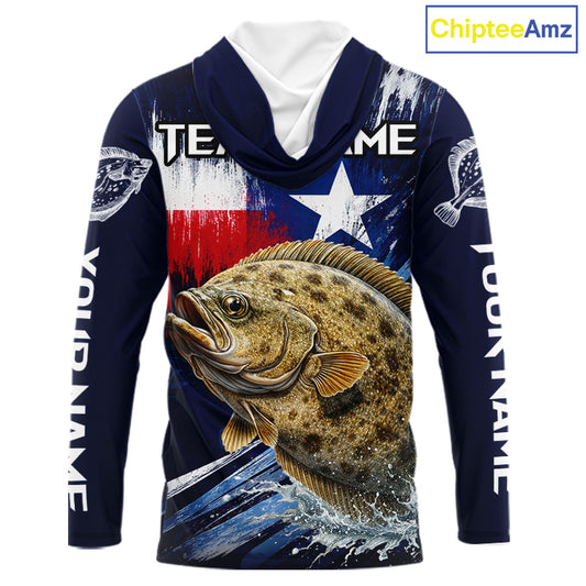 Personalized Flounder Long Sleeve Performance Fishing Shirts, Hooded Flounder Custom Texas Fishing Jersey NHT504