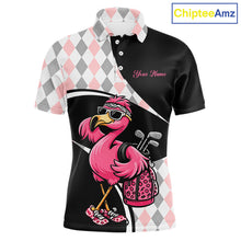 Load image into Gallery viewer, Funny Pink Flamingo Pattern Argyle Golf Polo Shirt For Men, Custom Flamingo Golf Shirt For Team NHT652