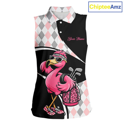 Funny Pink Flamingo Pattern Argyle Sleeveless Womens Golf Polo Shirt, Custom Flamingo Golf Shirt For Team NHT652