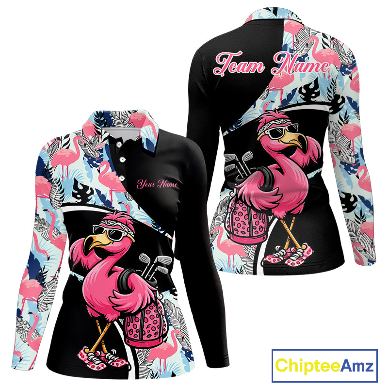 Funny Pink Flamingo Pattern Tropical Flamingo Golf Polo Shirt For Womens, Custom Flamingo Golf Shirt For Team NHT653