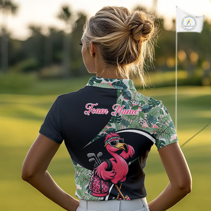 Funny Pink Flamingo Pattern Green Tropical Golf Polo Shirt For Womens, Custom Flamingo Golf Shirt For Team NHT654
