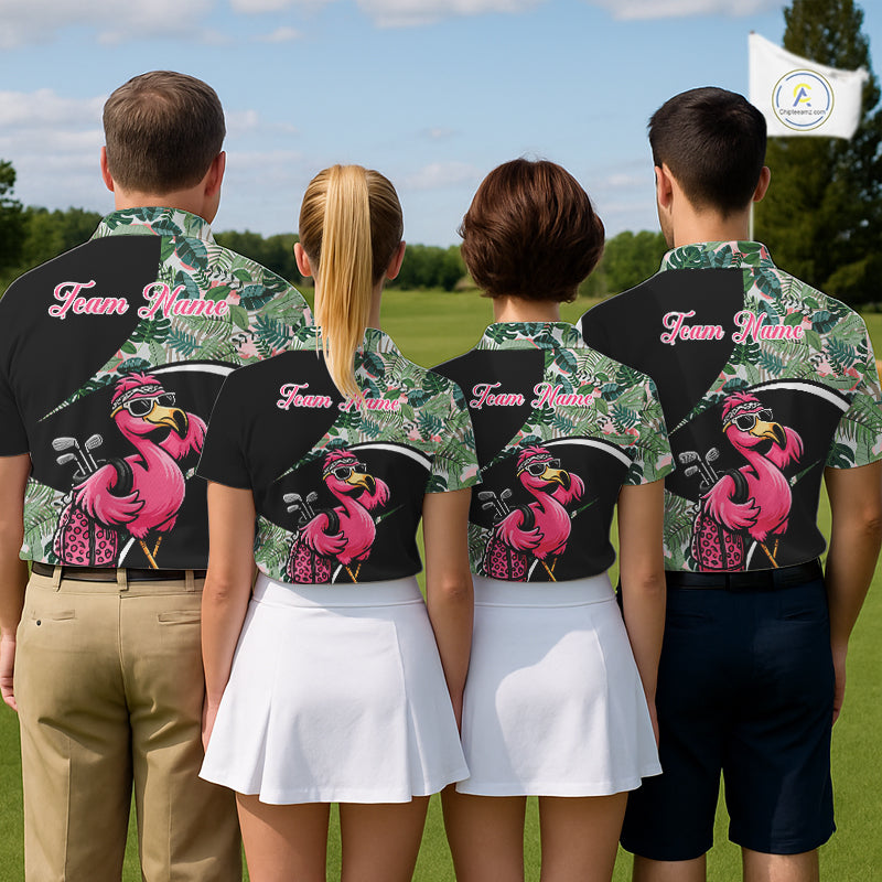 Funny Pink Flamingo Pattern Green Tropical Golf Polo Shirt For Womens, Custom Flamingo Golf Shirt For Team NHT654