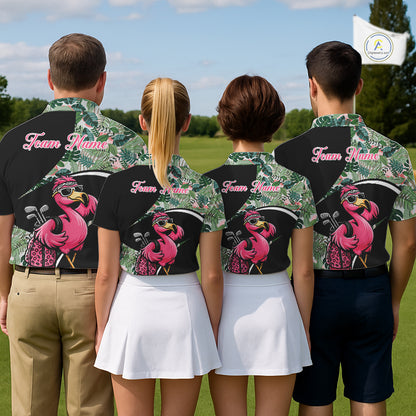 Funny Pink Flamingo Pattern Green Tropical Golf Polo Shirt For Womens, Custom Flamingo Golf Shirt For Team NHT654