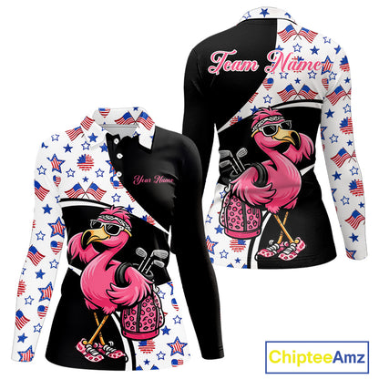 Funny Pink Flamingo Pattern American Flag Golf Polo Shirt For Womens, Custom Flamingo Golf Shirt For Team NHT655