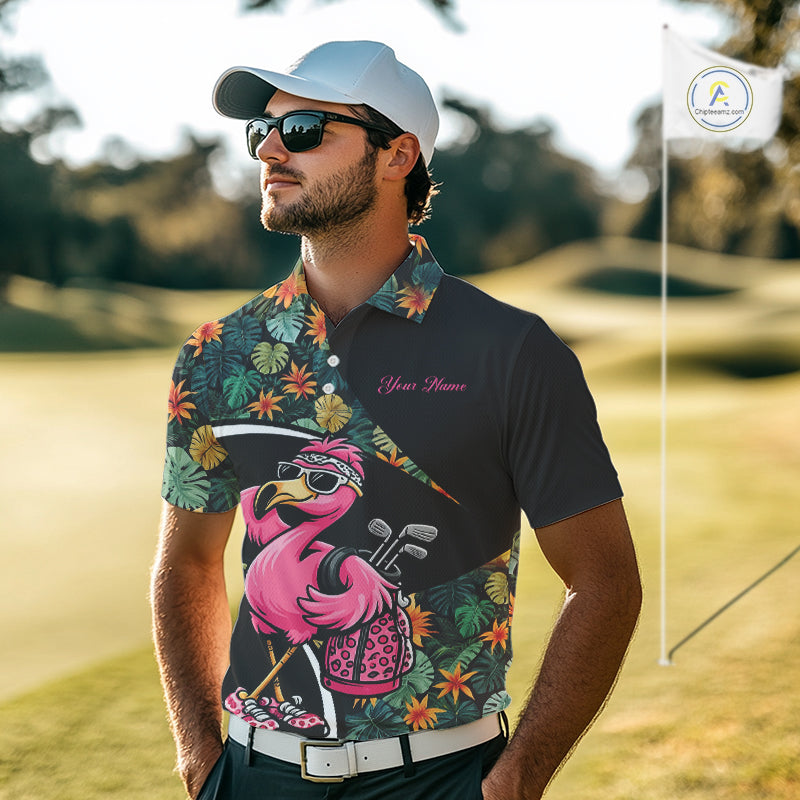 Funny Pink Flamingo Green Tropical Golf Polo Shirt For Men, Custom Flamingo Golf Shirt For Team NHT656