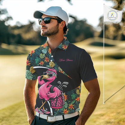 Funny Pink Flamingo Green Tropical Golf Polo Shirt For Men, Custom Flamingo Golf Shirt For Team NHT656