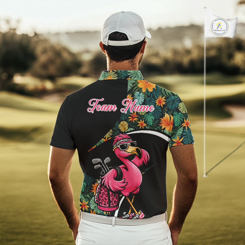 Funny Pink Flamingo Green Tropical Golf Polo Shirt For Men, Custom Flamingo Golf Shirt For Team NHT656