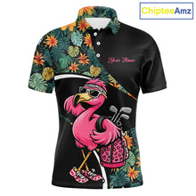 Load image into Gallery viewer, Funny Pink Flamingo Green Tropical Golf Polo Shirt For Men, Custom Flamingo Golf Shirt For Team NHT656
