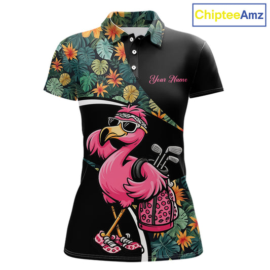 Funny Pink Flamingo Green Tropical Golf Polo Shirt For Womens, Custom Flamingo Golf Shirt For Team NHT656