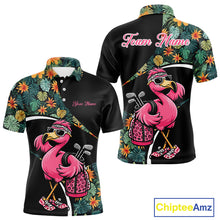 Load image into Gallery viewer, Funny Pink Flamingo Green Tropical Golf Polo Shirt For Men, Custom Flamingo Golf Shirt For Team NHT656