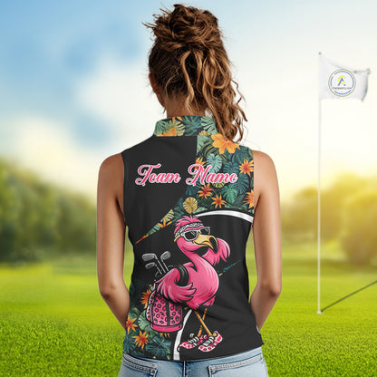 Funny Pink Flamingo Green Tropical Sleeveless Womens Golf Polo Shirt, Custom Flamingo Golf Shirt For Team NHT656