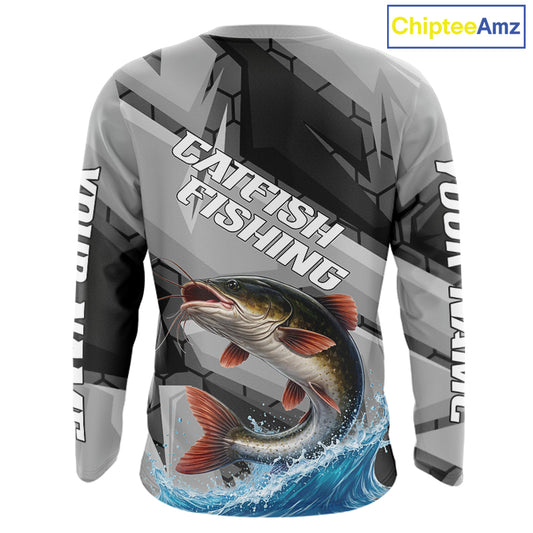 Gray Camo Custom Catfish Fishing Shirts Long Sleeve, Catfish Fishing Jerseys For Men NHT445