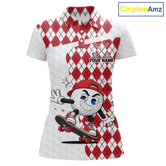 Womens Golf Polo Shirt Argyle Pattern Golf Shirts For Womens Funny Golf Ball Shirt Gifts|Red  NHT861