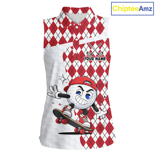 Sleeveless Women Golf Polo Shirt Argyle Pattern Golf Shirts For Womens Funny Golf Ball Shirt Gifts|Red  NHT861
