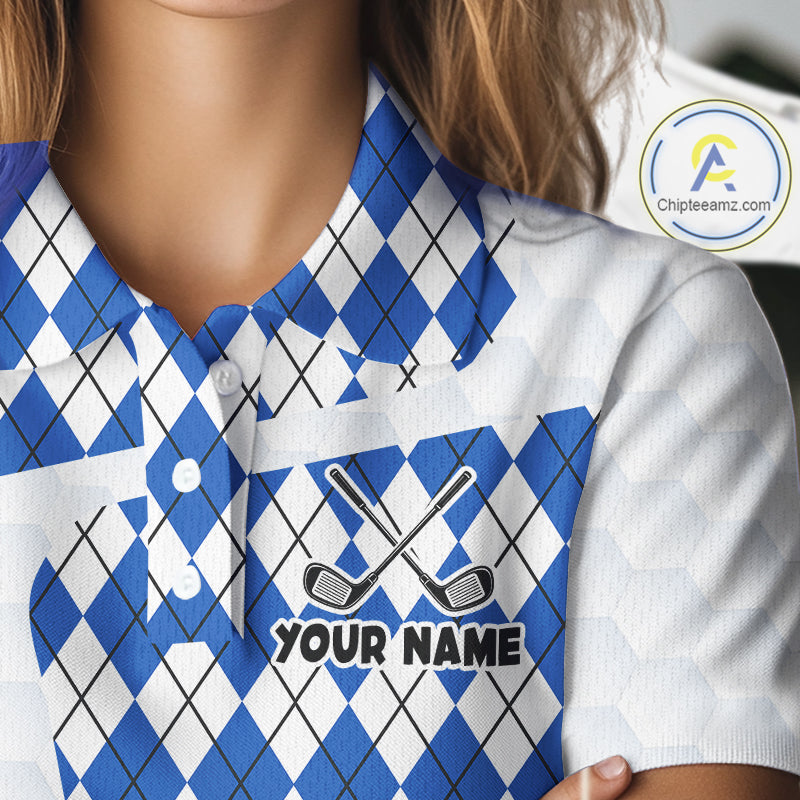 Womens Golf Polo Shirt Argyle Pattern Golf Shirts For Womens Funny Golf Ball Shirt Gifts|Blue NHT862
