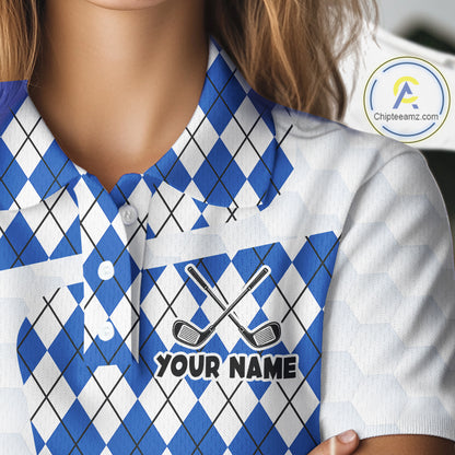 Womens Golf Polo Shirt Argyle Pattern Golf Shirts For Womens Funny Golf Ball Shirt Gifts|Blue NHT862