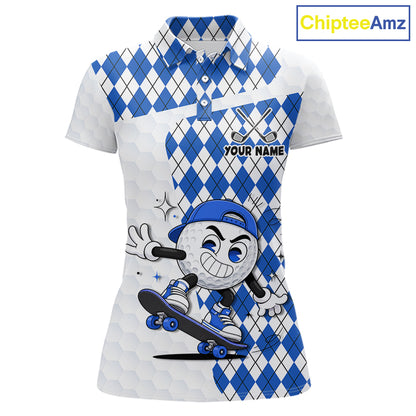 Womens Golf Polo Shirt Argyle Pattern Golf Shirts For Womens Funny Golf Ball Shirt Gifts|Blue NHT862