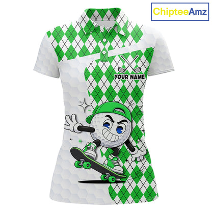 Womens Golf Polo Shirt Argyle Pattern Golf Shirts For Womens Funny Golf Ball Shirt Gifts|Green NHT863