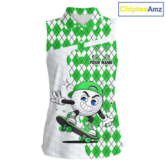 Sleeveless Women Golf Polo Shirt Argyle Pattern Golf Shirts For Womens Funny Golf Ball Shirt Gifts|Green NHT863