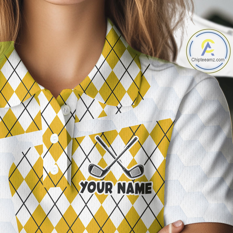 Womens Golf Polo Shirt Argyle Pattern Golf Shirts For Womens Funny Golf Ball Shirtgifts|Yellow NHT864