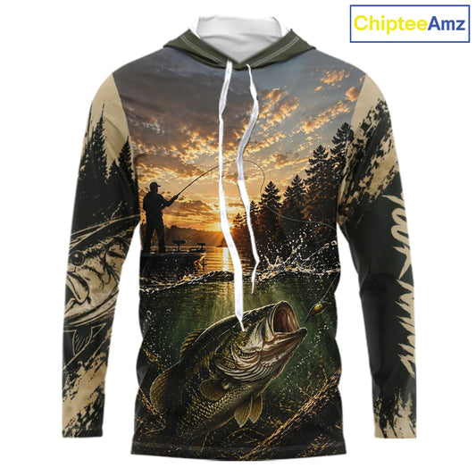 Personalized Bass Hooded Fishing Shirt – Angler Sunset Lake Design, Outdoor Fishing Apparel Gift For Dad NHT866
