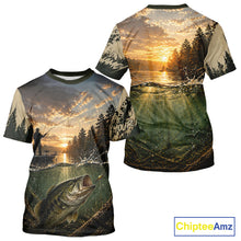 Load image into Gallery viewer, Personalized Bass Short Sleeve Fishing T-Shirts – Angler Sunset Lake Design, Outdoor Fishing Apparel Gift For Dad NHT866