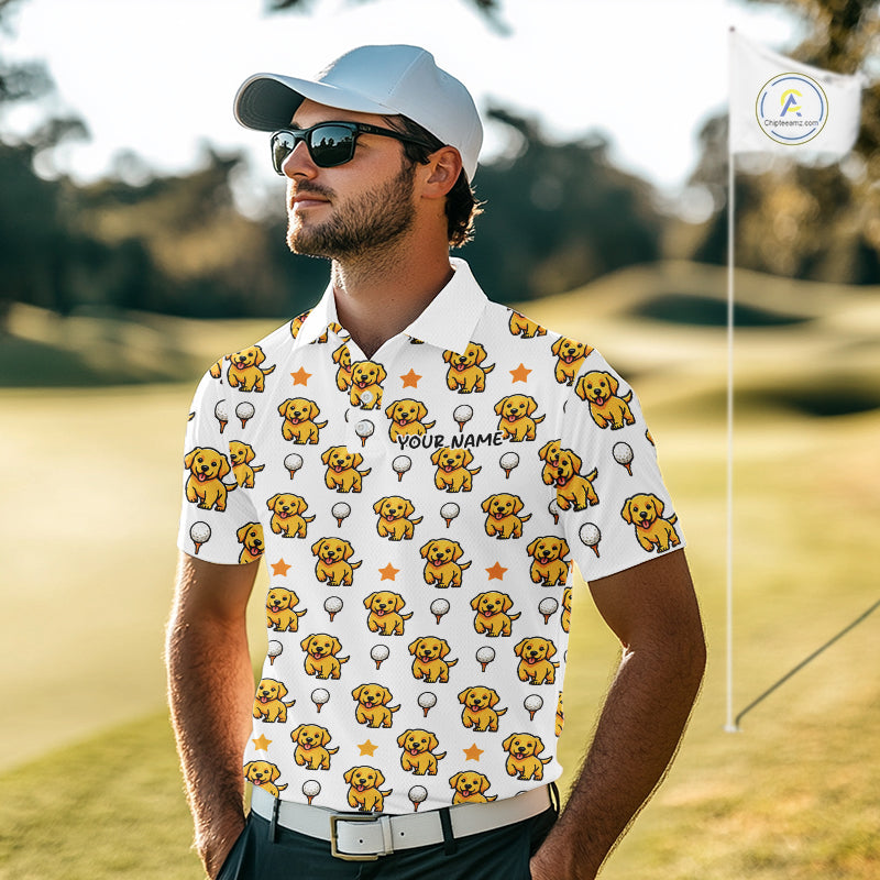Man wearing a white polo shirt with yellow dog pattern on a golf course