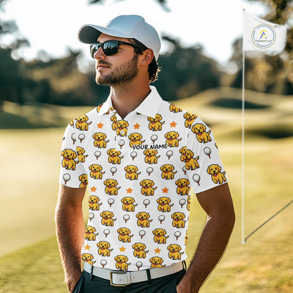 Man wearing a white polo shirt with yellow dog pattern on a golf course