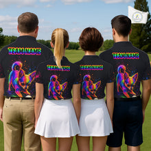 Load image into Gallery viewer, Four people wearing black polo shirts with colorful dog designs on a golf course.