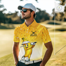 Load image into Gallery viewer, Man wearing a yellow golf shirt with a cartoon banana character on a golf course