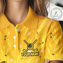 Load image into Gallery viewer, Yellow polo shirt with banana pattern and 'Your Name' text on a mannequin.