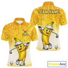 Load image into Gallery viewer, Yellow polo shirt with cartoon banana character holding a golf club, featuring 'Team Name' and 'Your Name' text on a white background.