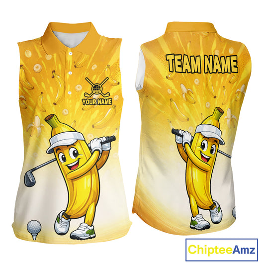 Yellow sleeveless shirt with cartoon banana character and customizable text on a white background