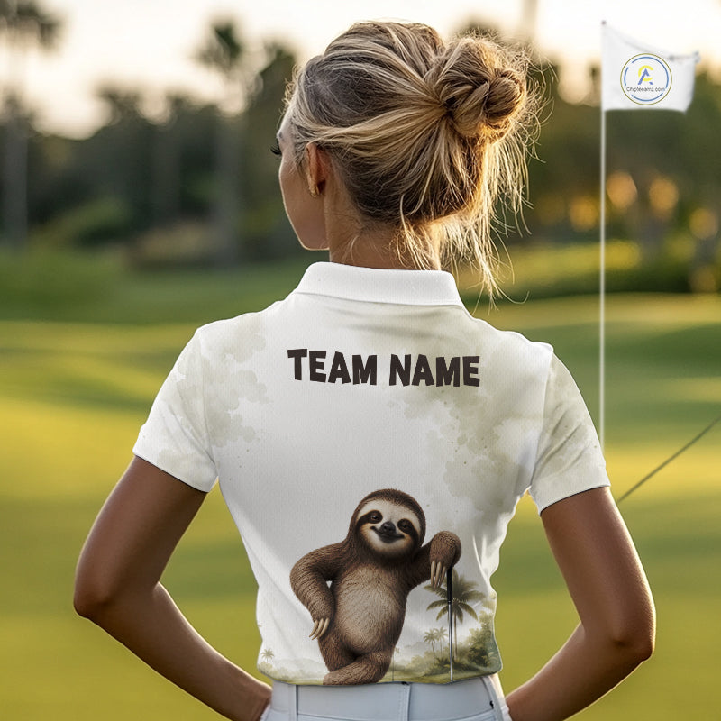 Person wearing a white polo shirt with a sloth graphic and 'TEAM NAME' text on a golf course.
